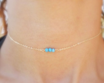 Dainty Gem choker necklace, minimal turquoise choker, beaded choker, delicate choker necklace, gem bead choker, birthstone choker necklace