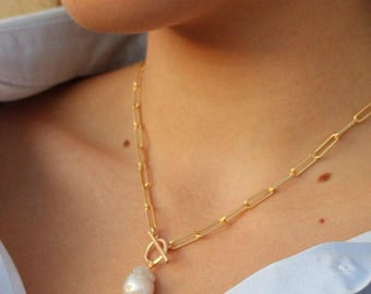Large Baroque Pearl Pendant Necklace: Gold Filled Paperclip Chain