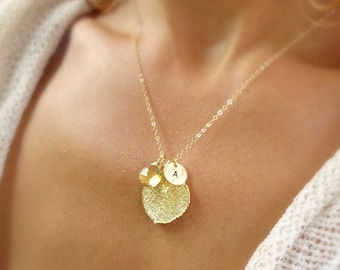 Custom personalized leaf necklace with birthstone and initial, gold dipped leaf pendant, customizable charm necklace, natural leaf jewelry