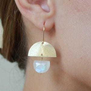 Moonstone dangle earrings, boho earrings, custom handmade gemstone earrings, large gold arch earrings, waterproof jewelry, gift for her