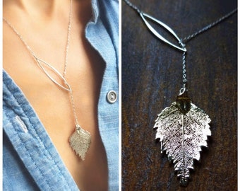 Real leaf necklace, silver y necklace, birch leaf necklace, long silver leaf necklace, fall jewelry, fall wedding jewelry, leaf pendant