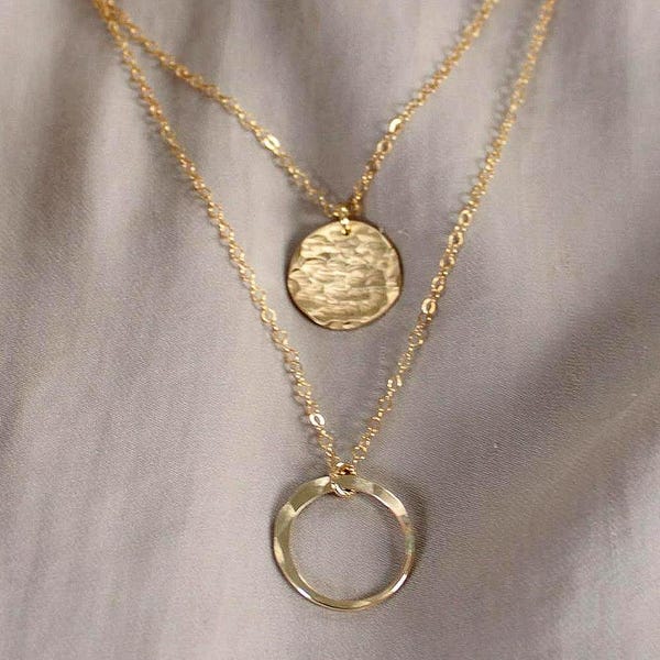 Gold Filled Layered Necklace Set: Hammered Disc & Circle Charm, two waterproof necklaces for layering