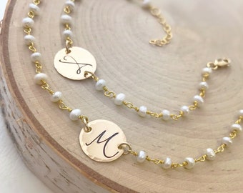 Hand engraved personalized pearl bracelet with script font initial charm tag adjustable personalized bridesmaid wedding bridal party gift