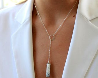 Dendrite agate necklace, October birthday gift, Libra jewelry gift for her, crystal Y necklace, lariat necklaces for women, dendritic opal