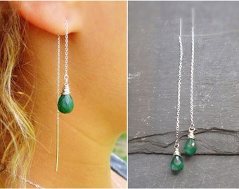 Emerald threader drop earrings, raw emerald dangle earrings, May birthstone, threader earrings, boho, edgy earrings, custom gemstone