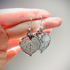 May include: Silver-toned leaf-shaped earrings. The earrings feature intricate vein detailing, creating a delicate, natural aesthetic. The earrings are suspended from silver hooks, adding a touch of elegance to the design. The earrings are a unique accessory.
