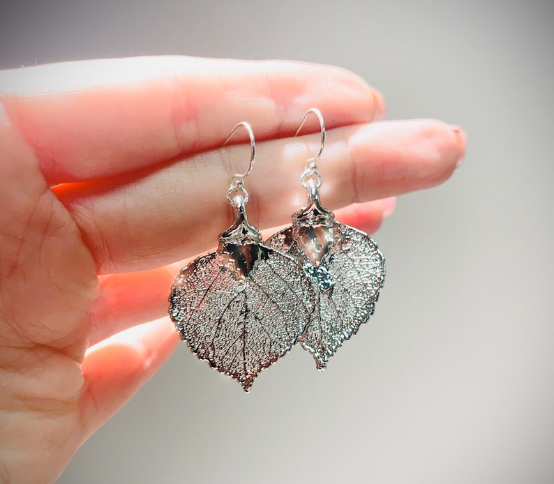 May include: Silver-toned leaf-shaped earrings. The earrings feature intricate vein detailing, creating a delicate, natural aesthetic. The earrings are suspended from silver hooks, adding a touch of elegance to the design. The earrings are a unique accessory.