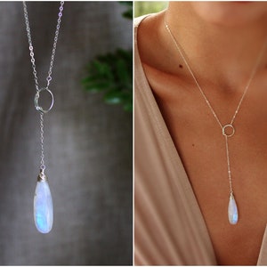 Long Moonstone Y Necklace, lariat necklace, June birthday gift, gemini birthstone jewelry, bolo necklaces for women, graduation gift for her