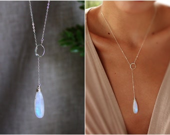 Long Moonstone Y Necklace, Gemini birthday gift for her, bridal jewelry, June birthstone necklace, genuine rainbow moonstone pendant