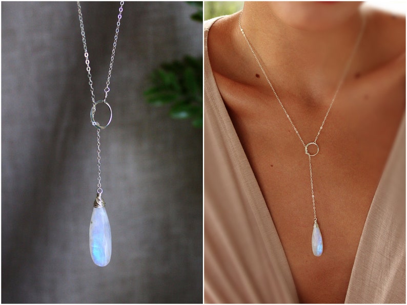 Long Moonstone Y Necklace, Gemini birthday gift for her, bridal jewelry, June birthstone necklace, genuine rainbow moonstone pendant image 1