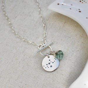 Constellation coin necklace, toggle necklace, raw birthstone charm necklace, astrological jewelry, birthday gift for her,925 sterling silver