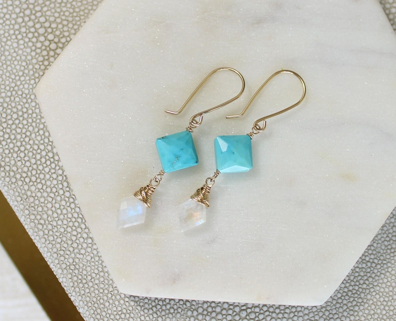 ARIZONA turquoise earrings, moonstone dangle earrings, wire wrapped gemstone earrings, blue stone earrings, geometric diamond shape image 4