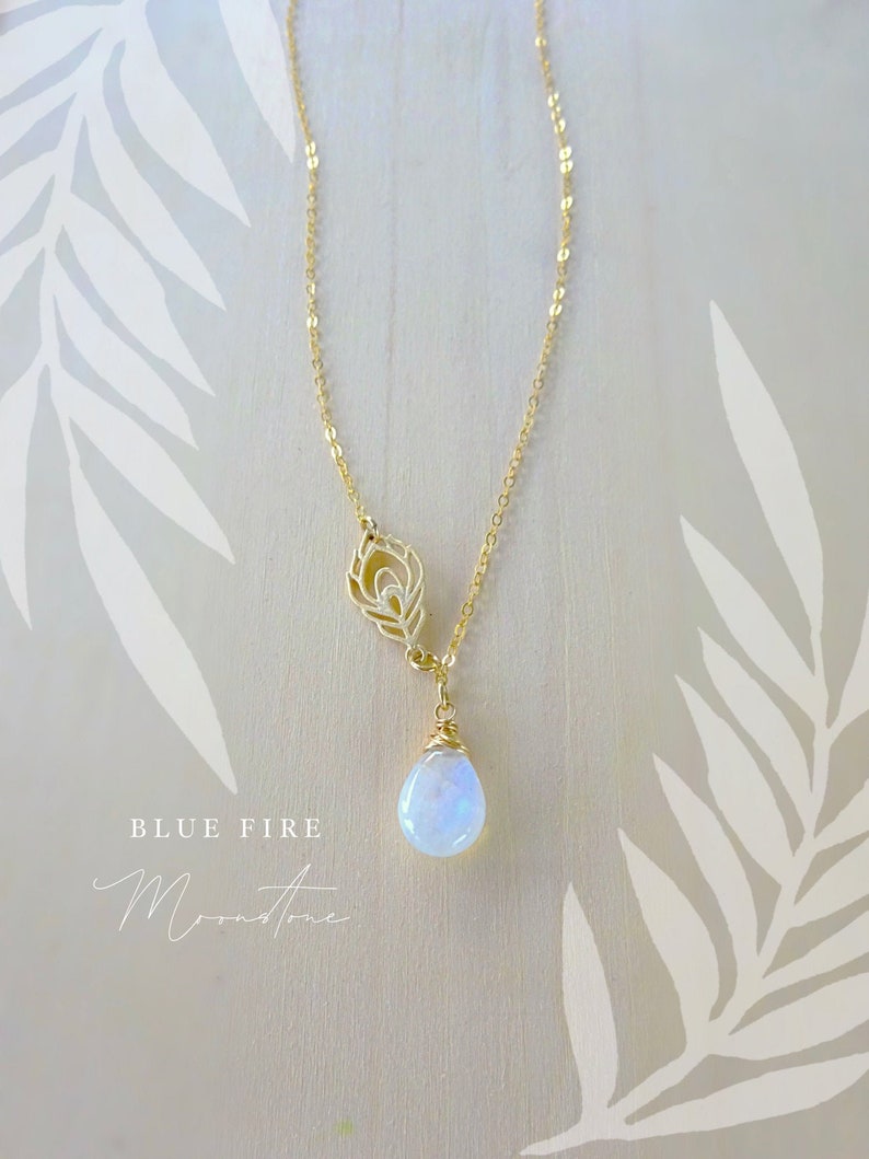 Rainbow Moonstone necklace, moonstone jewelry, peacock necklace, moonstone crystal necklace, necklace for bride, feather charm necklace image 2