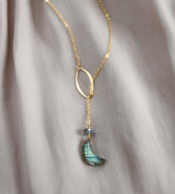 Crescent moon necklace, Labradorite Y necklace, Gold or silver lariat, Lunar jewelry, witchy gift for her