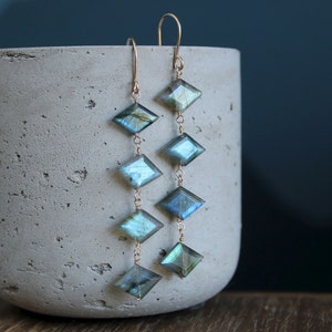 Long Labradorite earrings, geometric gemstone statement earrings, blue flash labradorite, handmade earrings, long beaded earrings