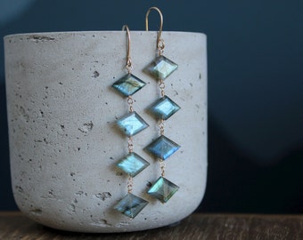 Long labradorite earrings, geometric gemstone earrings, diamond shape, blue flash fire labradorite, handmade gemstone earrings, gift for her