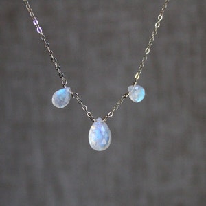 Delicate moonstone teardrop necklace, triple stone necklace, moonstone bridal jewelry, June birthstone, Gemini gift, blue fire moonstone