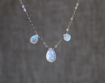 Delicate moonstone teardrop necklace, triple stone necklace, moonstone bridal jewelry, June birthstone, Gemini gift, blue fire moonstone