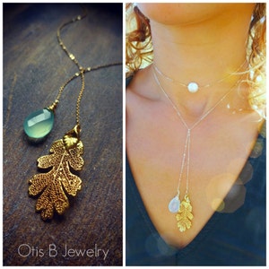 Oak leaf necklace, Real leaf necklace, Y necklace, custom gemstone lariat necklace, wire wrapped gem necklace, handmade botanical jewelry