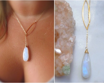 Moonstone Y necklace, moonstone necklace, large moonstone pendant, June birthstone necklace,long moonstone necklace, moonstone drop necklace