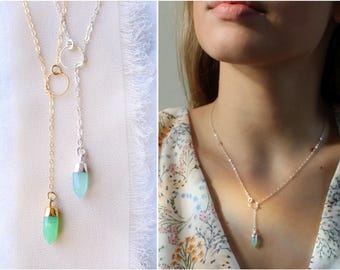 Crystal Y Necklace: Gemstone Lariat, Sterling Silver or Gold Filled