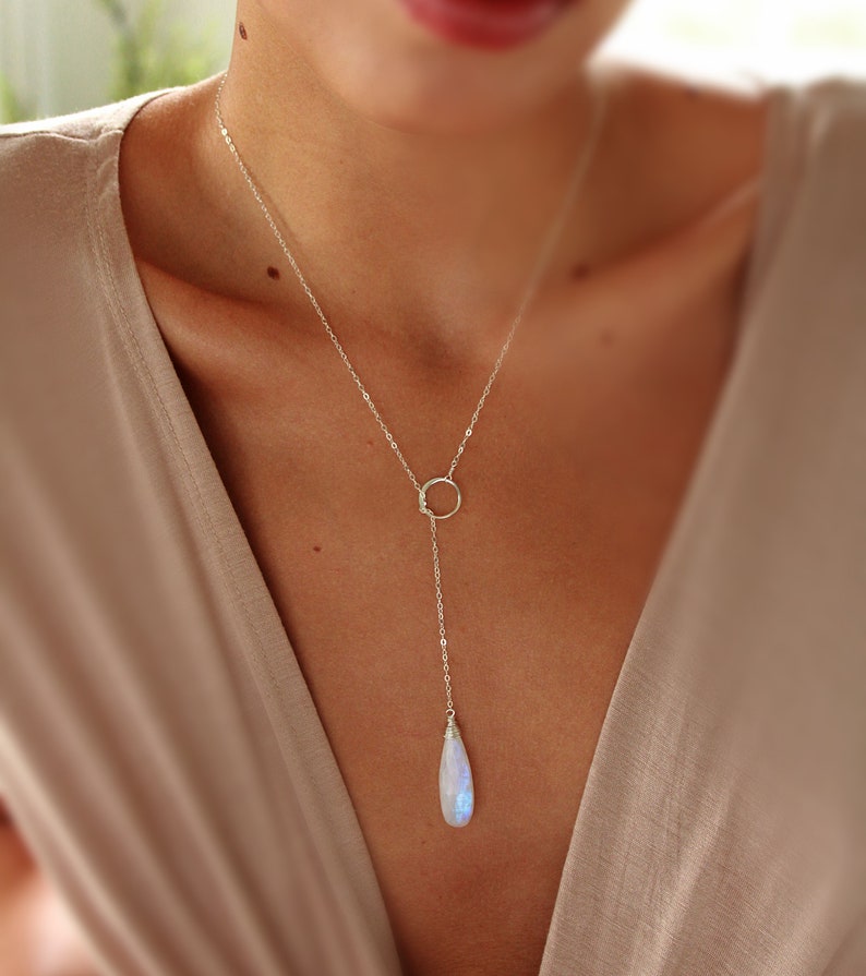 Long Moonstone Y Necklace, Gemini birthday gift for her, bridal jewelry, June birthstone necklace, genuine rainbow moonstone pendant image 4