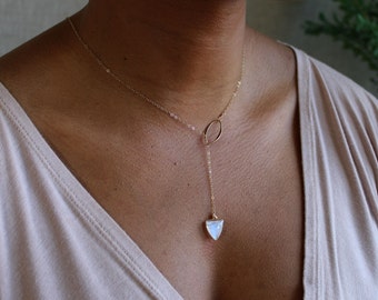 Moonstone crystal spike necklace, long moonstone drop necklace, lariat Y necklace, 925 silver, 14K GF, blue moonstone,june gemini birthstone