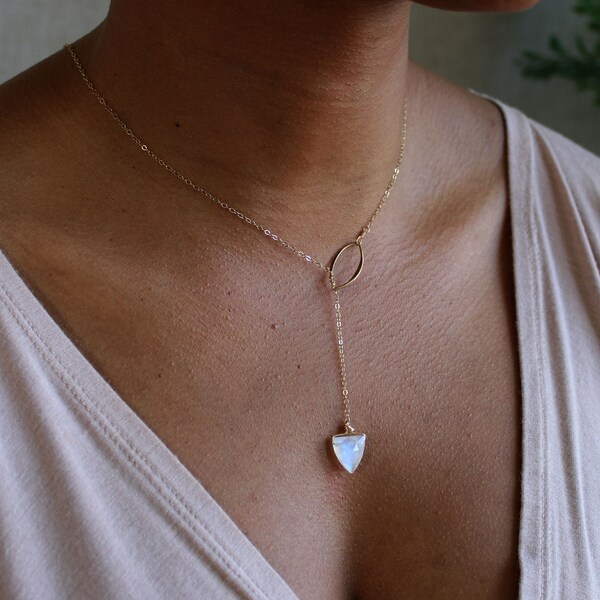 Moonstone crystal spike necklace, long moonstone drop necklace, lariat Y necklace, 925 silver, 14K GF, blue moonstone,june gemini birthstone