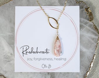 Rhodochrosite Lariat Necklace: Pink Gemstone Bolo, Handmade Jewelry