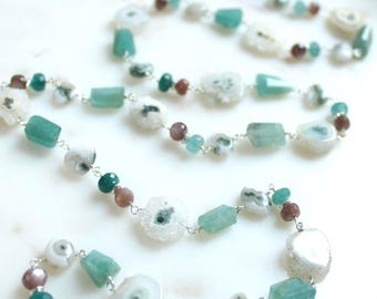 Grandidierite & moss agate bead chain, beaded gemstone chain, boho layering necklaces for women, christmas gift for her