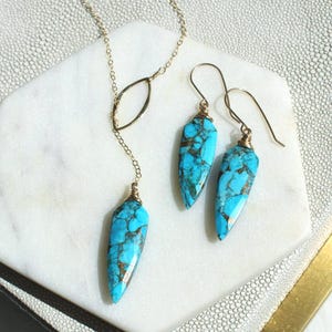 Mojave Turquoise Lariat Necklace & Earrings Set, boho jewelry gift for her, graduation gift, silver or gold image 1