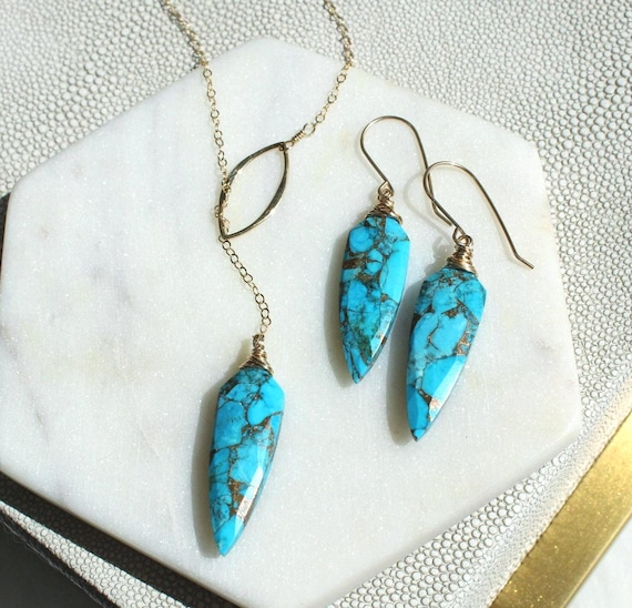 Mojave Turquoise Lariat Necklace & Earrings Set, boho jewelry gift for her, graduation gift, silver or gold