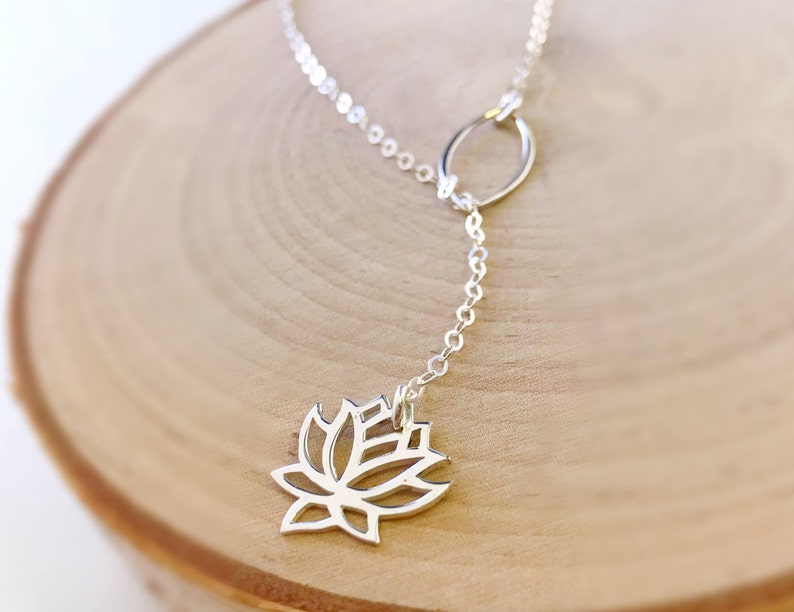 Waterlily Y necklace, long necklaces for women, blooming lotus charm necklace, gift for her, strength, survivor, symbolic jewelry, Otis B image 5