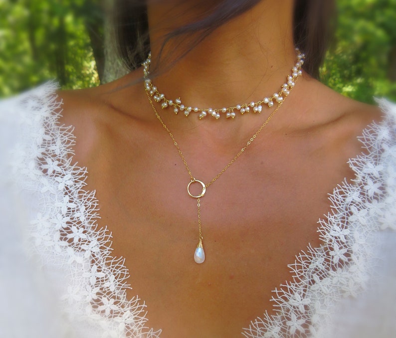 Moonstone jewelry, moonstone necklace, moonstone lariat, CUSTOMIZABLE gemstone necklace, gem drop necklace, rainbow moonstone necklace image 1