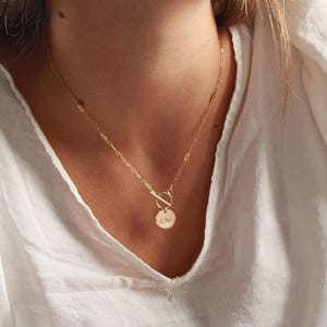 Personalized gift for her, custom initial necklace, toggle clasp paperclip chain coin charm letter tag layering necklaces for women, Otis B