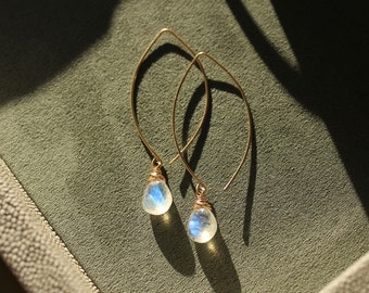 Long moonstone earrings, Custom gemstone dangle earrings, wire wrapped faceted gem drop earrings, arc earrings, minimal gem threader earring