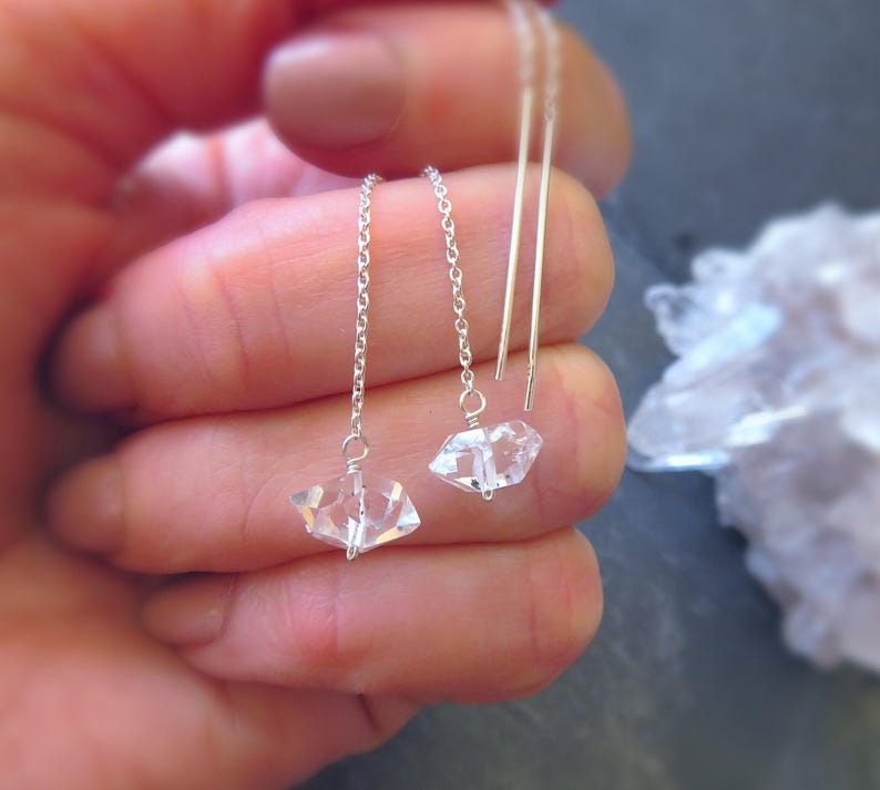 Sterling Silver Herkimer Diamond Threader Earrings, Raw Crystal Jewelry, April Birthstone image 2