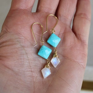 ARIZONA turquoise earrings, moonstone dangle earrings, wire wrapped gemstone earrings, blue stone earrings, geometric diamond shape image 3