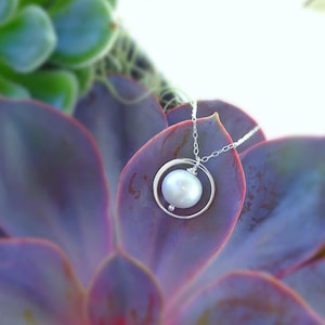 Freshwater pearl necklace, eternity circle necklace, open circle charm necklace, karma jewelry, june birthstone, bridesmaid necklaces