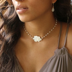 Freshwater pearl choker, carved shell mother of pearl necklace, bridal jewelry, floral necklace for bride, rose necklace, romantic jewelry