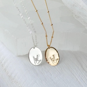 I love you hand gesture charm necklace, ASL I love you sign language necklace, jewelry gift for her, hand stamped pendant, oval necklace