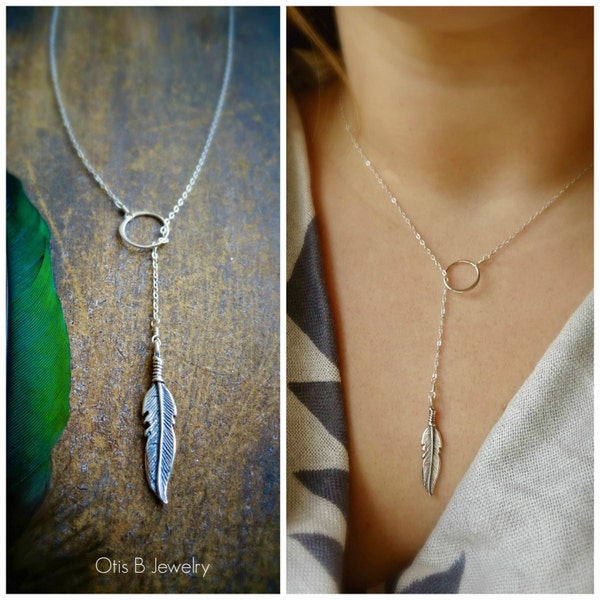 Sterling silver feather lariat, silver y necklace, feather necklace, tribal, boho necklace, feather charm necklace, gift for teen, Otis B