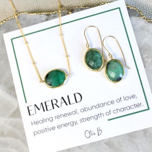May include: A gold necklace and earrings set featuring emerald green gemstones. The necklace has a single oval-shaped emerald pendant. The earrings have matching emeralds. The word "EMERALD" is printed on a white card.