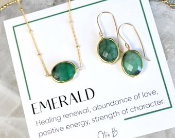 Roher Smaragd Schmuck Set: Gold Edelstein Halskette und Ohrringe, Mai Birthstone Schmuck Geschenk für Sie