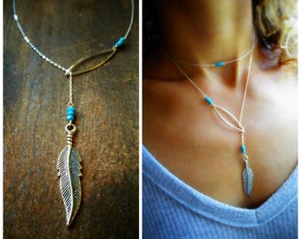 Sterling Silver Feather Y Necklace: Turquoise Boho Lariat