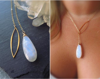 Moonstone statement necklace, large moonstone pendant, moonstone lariat, moonstone y necklace, long moonstone necklace, moonstone jewelry