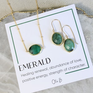 Natural emerald jewelry gift set, Raw Emerald necklace with matching emerald earrings, gold May birthstone gift, Taurus gift for her,