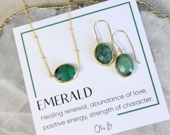 Natural emerald jewelry gift set, Raw Emerald necklace with matching emerald earrings, gold May birthstone gift, Taurus gift for her,