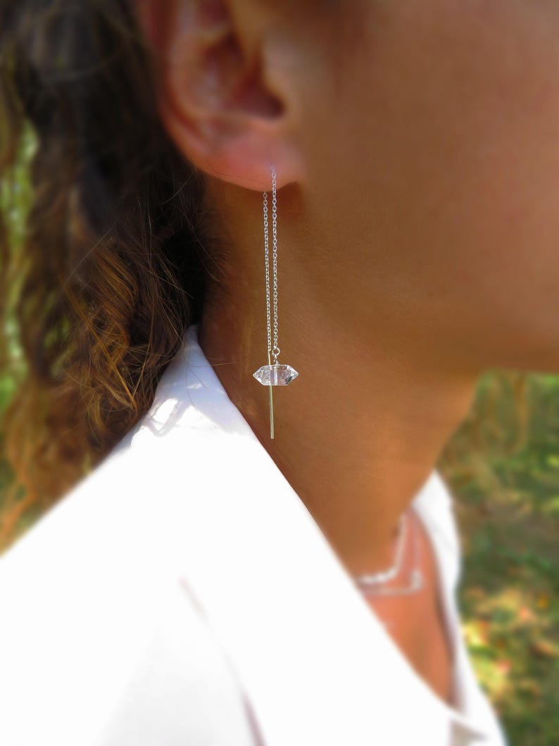Sterling Silver Herkimer Diamond Threader Earrings, Raw Crystal Jewelry, April Birthstone image 7