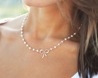 Silver Bow Necklace Pearl Necklace for 